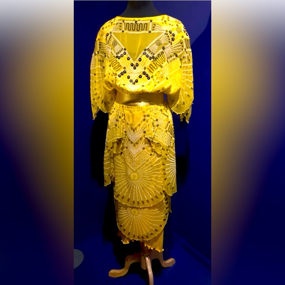 ZANDRA RHODES Vintage 1976 Mexican Turnaround Yellow Sheer Chiffon Beaded Dress